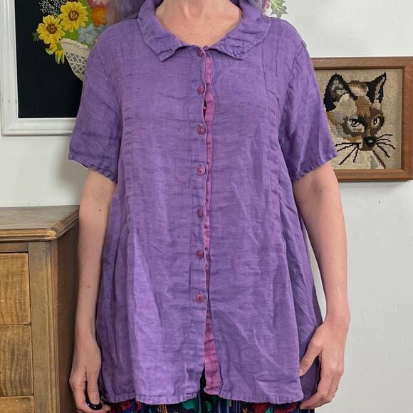 Flax (Jeanne Engelhart) Purple Linen Blouse, Swingy Short Sleeve Lavender Top L - Picture 5 of 10